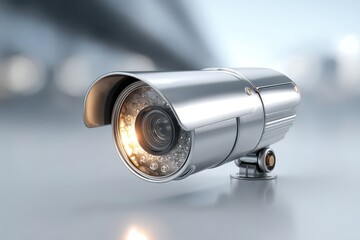 Close-up of a modern silver surveillance camera with infrared lights, focusing on security and protection in a technology-driven world with a blurred background