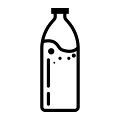 Black vector illustration of a bottle with liquid, simple outline icon for beverage, drink, water, soda, or packaging design.