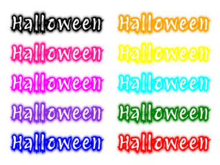 A colorful set of 'Halloween' neon text effects with a dripping slime style. Collection of spooky, melting horror font titles in various colors. Clip art pack for party invitations, social media. PNG