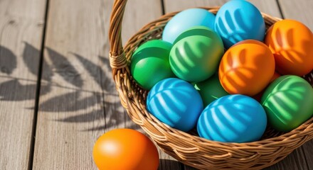 Vibrant basket of colorful easter eggs on wooden surface