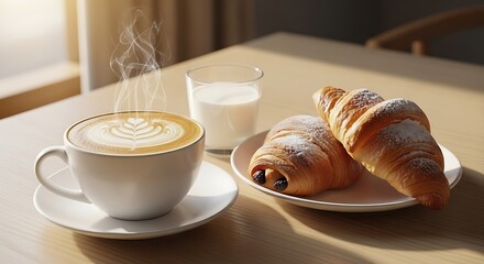 Morning coffee cappuccino with fresh croissants for breakfast.