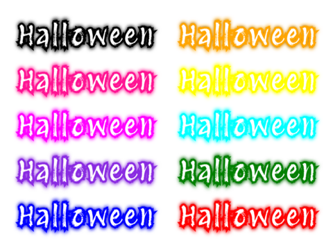 A colorful set of 'Halloween' neon text effects with a dripping slime style. Collection of spooky, melting horror font titles in various colors. Clip art pack for party invitations, social media. PNG
