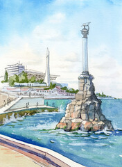  Watercolor. Sevastopol, Crimea. Monument to the sunken ships. Drawing by hand.
