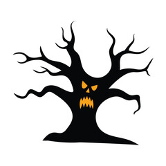 Black Halloween Tree Vector – Spooky Orange Face Cartoon