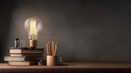Illuminating Ideas: Vintage Lightbulb, Books, and Pencils on Wooden Desk - Creative Inspiration Background