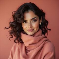 Smiling Woman with Curly Dark Hair Wearing Coral Turtleneck Sweater