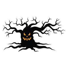 Creepy Halloween Tree Silhouette – Black Cartoon Tree with Orange Face