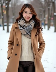 Smiling Woman with Beige Coat Walking in Snowy Winter Park