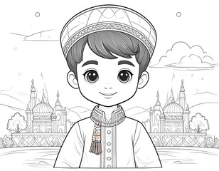 Boy in traditional clothing, against a backdrop of mosques