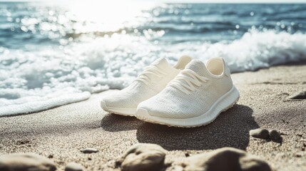 White Sneakers on Sandy Beach by the Ocean