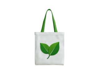 White fabric tote bag with green leaf emblem and handles image, Isolated On Png Transparent Background