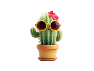 Green cactus wearing sunglasses pink flowers yellow pot image, Isolated On Png Transparent Background