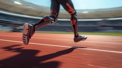 Futuristic Athlete with Prosthetic Legs Sprinting on Track