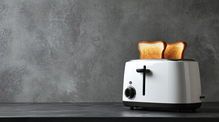 Sleek modern toaster with two crisp slices of toast, staged on a dark counter against a minimalist white wall