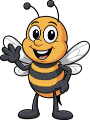 Cartoon bee character, smiling face, waving hand, yellow and black stripes, translucent wings, cheerful insect, vector art, comic style, friendly pose, black background