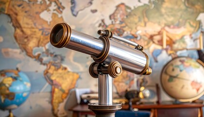 A detailed vintage telescope stands ready, focused on a globe and a world map backdrop in a room, hinting at travel & discovery