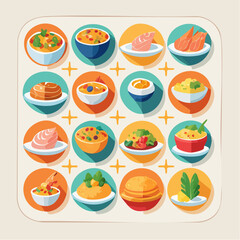 Stylized Food Icons Diverse Dishes in Circular Frames with Cross Dividers