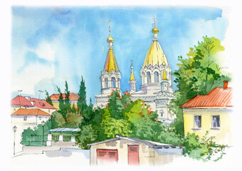 City landscape. Old house, tree, Watercolor. Sevastopol, Crimea. Drawing by hand.