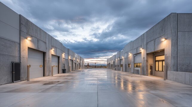 Commercial Distribution Center Exterior with Dock Doors at Dusk for Logistics and Shipping Operations - Powered by Adobe
