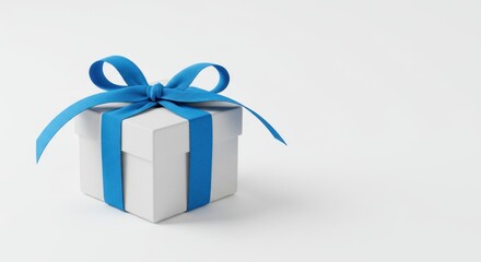 White gift box with blue ribbon on a light background with a copy space