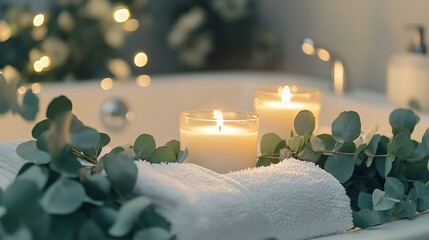 Two candles on a towel with greenery and lights in a bathroom setting.