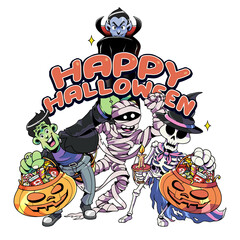 Happy Halloween Cartoon Monsters, Trick or Treat, Vampire, Mummy, Bone Ghost, Frankenstein, illustration, Drawing