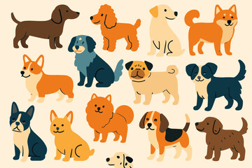 Cute cartoon dog breed collection in flat design style on light background