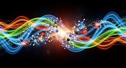 Abstract visualization of colorful energy waves interacting with molecules, representing scientific research and complex data flow in a vibrant and dynamic digital art style