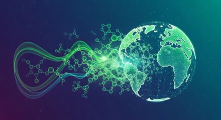 Dynamic illustration of a luminous digital globe linked to intricate green molecular networks and energetic light trails, embodying global science, digital connectivity, and sustainable progress