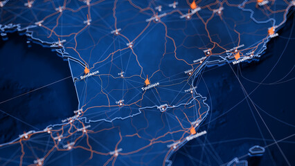 Toulouse map big data visualization. Futuristic map infographic of city in France. Visual map data complexity in modern blue and orange colors