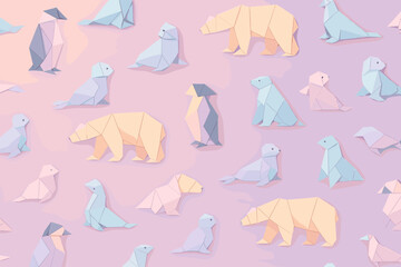 Seamless pastel origami arctic animals pattern with polar bears, seals, and penguins on pink background