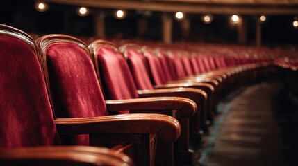 Obraz premium Empty Theater Seats in a Row, Red Velvet Upholstery, Stage Performance Venue, Auditorium, Audience