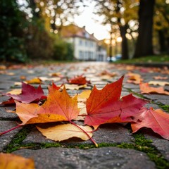 Autumnal Path Vibrant Maple Leaves on Cobblestone