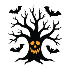 Haunted Halloween Cartoon Tree with bats Silhouette – Black Body with Orange Eyes