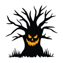 Haunted Halloween Tree Silhouette Design – Creepy Black Vector with Orange Mouth