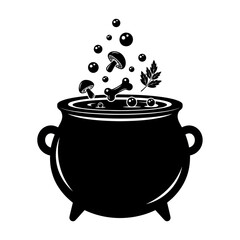 Witch s cauldron with bubbling potion and ingredients silhouette isolated on white background