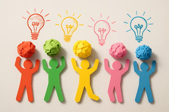 Creative Paper Cutout Figures with Colorful Ideas and Light Bulb Illustrations on Background