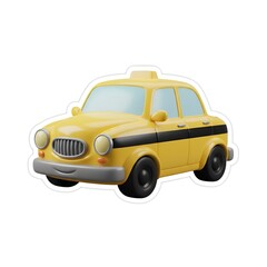 3D cartoon yellow taxi cab isolated sticker on white background