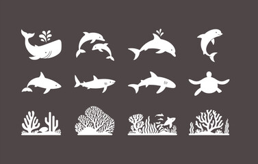 White Silhouettes of Whale, Dolphins, Sharks, Sea Turtle, Fish and Coral Reef Vector Clipart for Ocean, Sea, Underwater Design