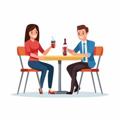 Animated couple at table with drinks woman holding iced coffee man with wine