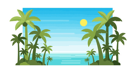 A vibrant tropical beach scene with lush palm trees framing a clear blue ocean under a bright yellow sun.