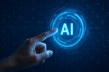 Hand Touching Futuristic AI Digital Interface Representing Artificial Intelligence Technology