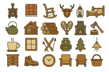 Rustic cabin lifestyle icon set with cozy furniture, fireplace, wood stove, outdoor gear, and woodland elements