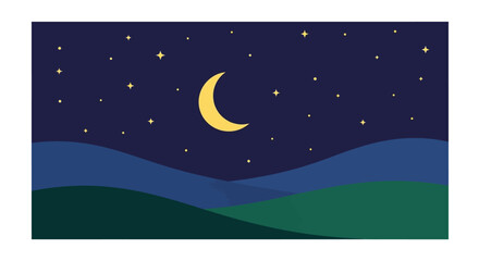 Fototapeta premium A serene night sky with a crescent moon and twinkling stars over rolling hills.