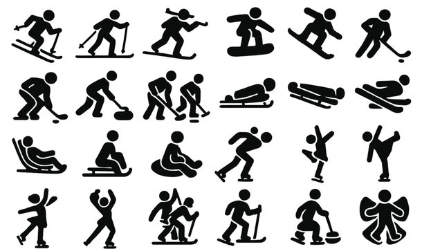 Winter sports icon set featuring skiing, snowboarding, ice skating, hockey, curling, sledding, and other cold-weather activities in black silhouette style