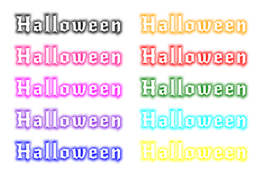 A colorful set of 'Halloween' neon text effects with a dripping slime style. Collection of spooky, melting horror font titles in various colors. Clip art pack for party invitations, social media. PNG