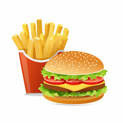 Sesame Bun Burger with French Fries Vibrant Illustration
