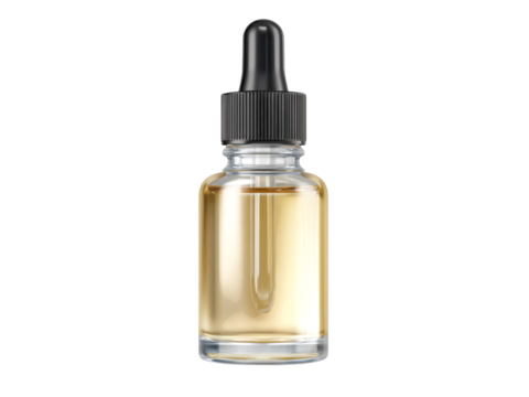 Clear glass bottle with golden liquid and black dropper image, Isolated On Png Transparent Background