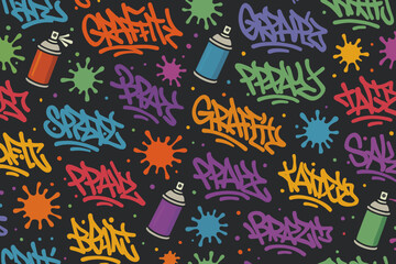 Seamless graffiti pattern with colorful spray paint tags, splatter effects and cans, urban street art background in vibrant red, yellow, blue, green, purple and orange