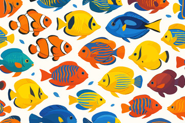 Naklejka premium Seamless pattern of vibrant tropical reef fish in various colors and species on white background